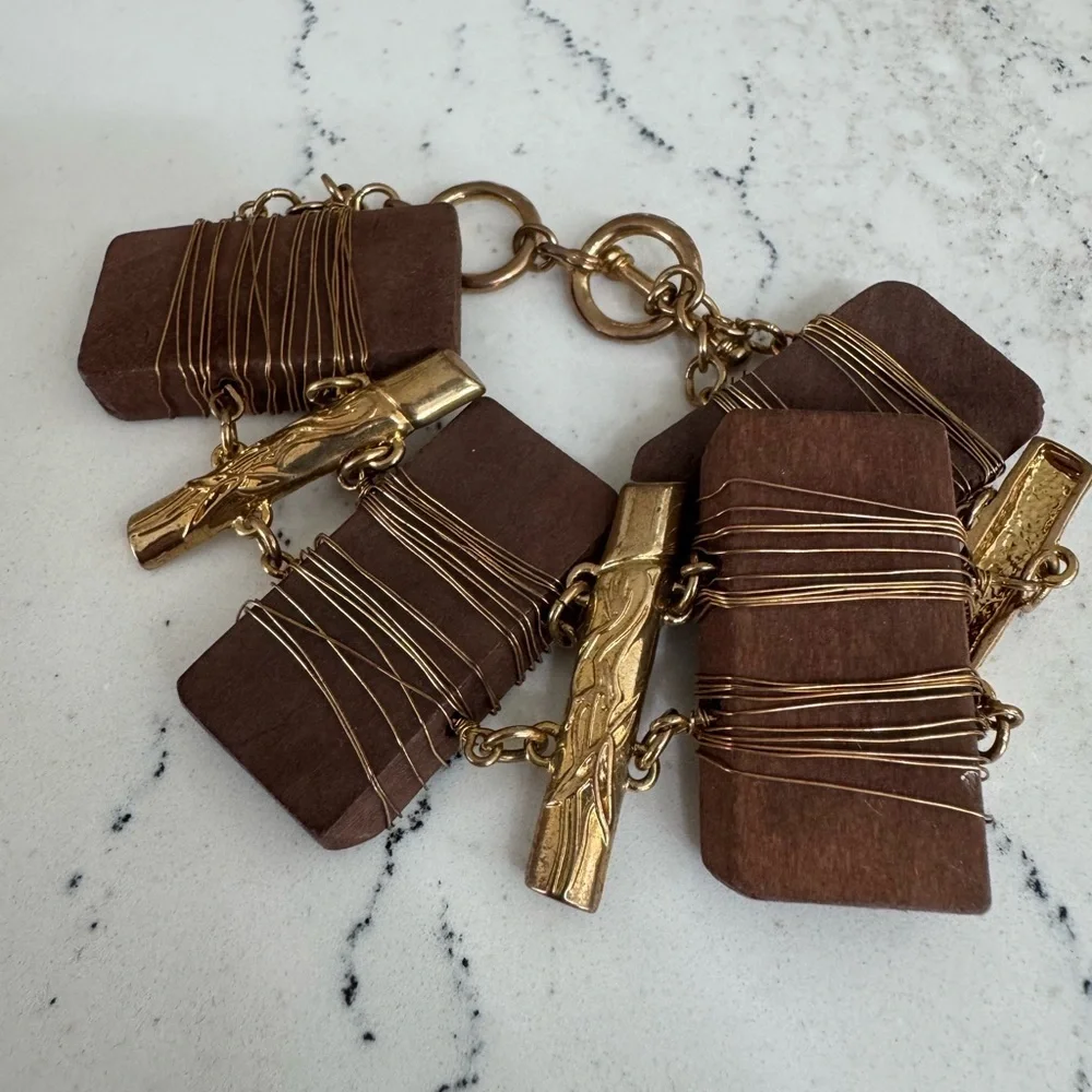 Handmade Brown Wood and Gold Wrapped Bracelet